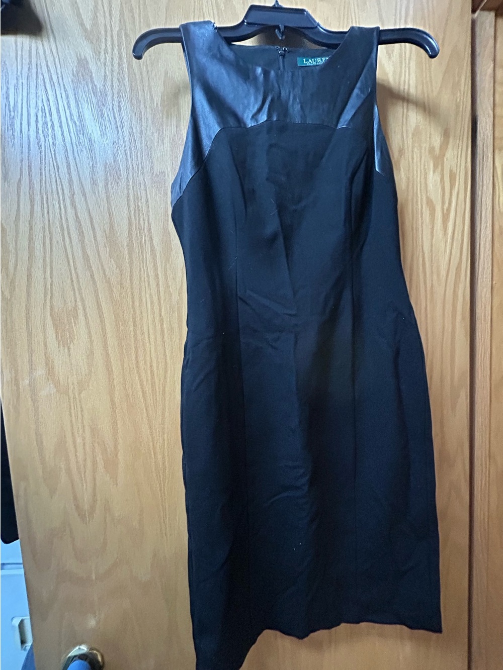 Ralph Lauren Black Sleeveless Midi Sheath Dress with Faux-Leather Yoke